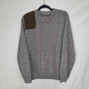 Barbour Shooting Sweater Mens Large Gray Wool Check Pattern Shoulder Patch